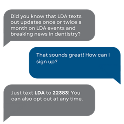 A text conversation that encourages people to sign up for LDA texts. Text LDA to 22383 to join